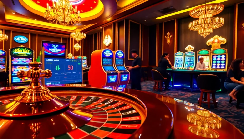Gamblers enjoying a thrilling experience at nhà cái vua99 with vibrant casino games and interactive betting.