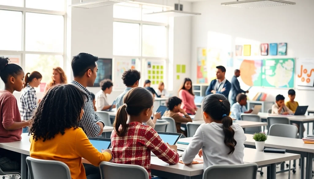 Education innovative classroom with engaged diverse students and modern technology.