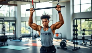 Dynamic image of stretch bands for pull-ups being used by an athlete in a gym setting.
