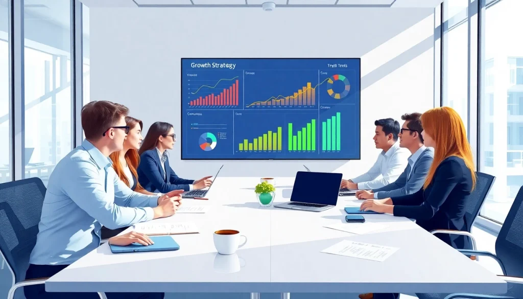 Analyzing growth strategy trends with a professional business team in a modern office.