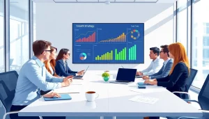 Analyzing growth strategy trends with a professional business team in a modern office.