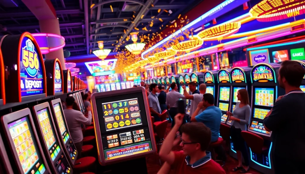 Memperlihatkan pengalaman bermain slot depo 1k dengan mesin slot menawan dan pemain yang merayakan kemenangan.