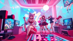 Vibrant scene of characters from hentai games engaging in gameplay, showcasing anime cultural aesthetics.