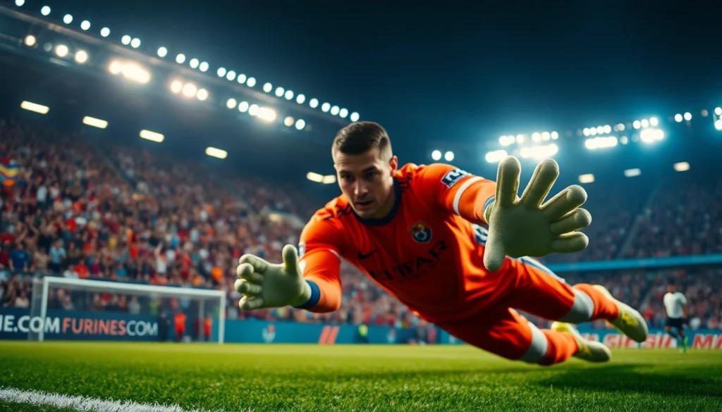 Save an exciting moment in soccer with บานผลบอล illustrated through a goalkeeper diving for a ball.