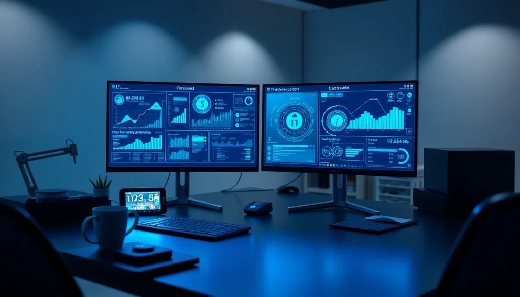 Cybersecurity AI dashboard in a modern tech workspace, highlighting advanced data analytics.
