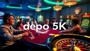 Rasakan kegembiraan kasino yang mendebarkan dengan Depo 5k di meja permainan yang cerah dengan chip berwarna-warni.