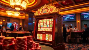 Rasakan sensasi demo slot Mahjong dengan adegan kasino yang terang benderang menampilkan permainan yang hidup dan para pemain.