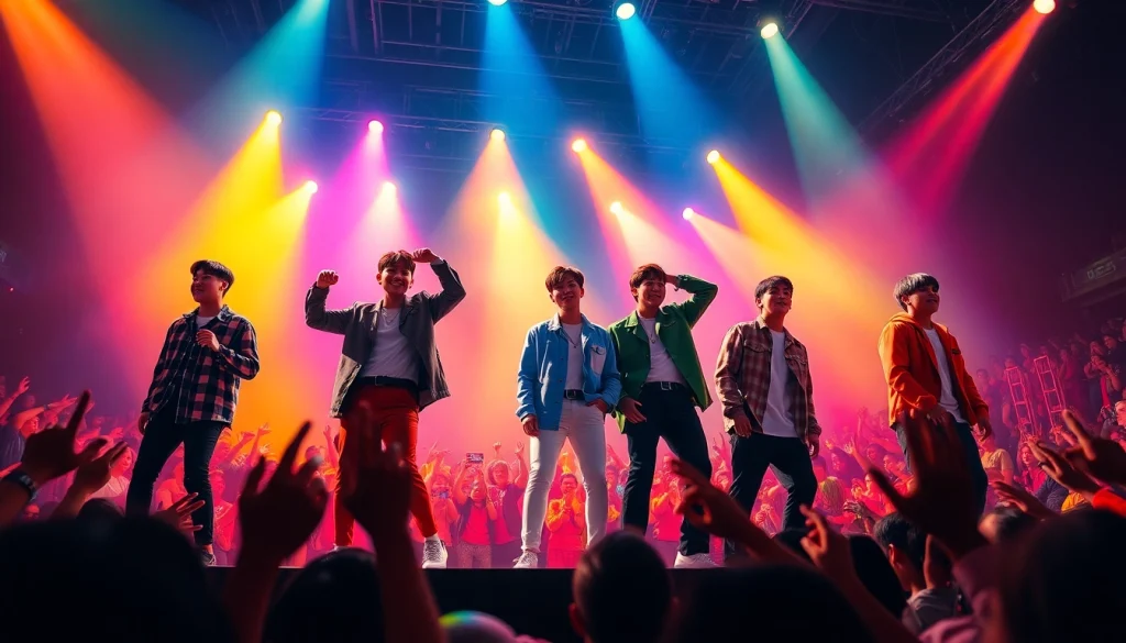 BTS news featuring an energetic live performance with vibrant lighting and excited fans.