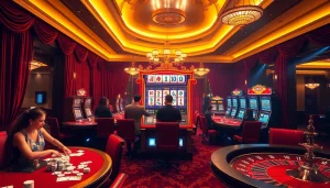 Experience thrill at a mahjong slot demo machine in a luxurious casino atmosphere.