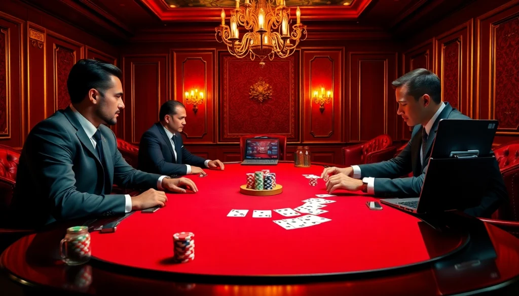 Jeu de poker tendu dans un cadre luxueux, mettant en avant le casino en ligne argent réel avec des jetons et des cartes.