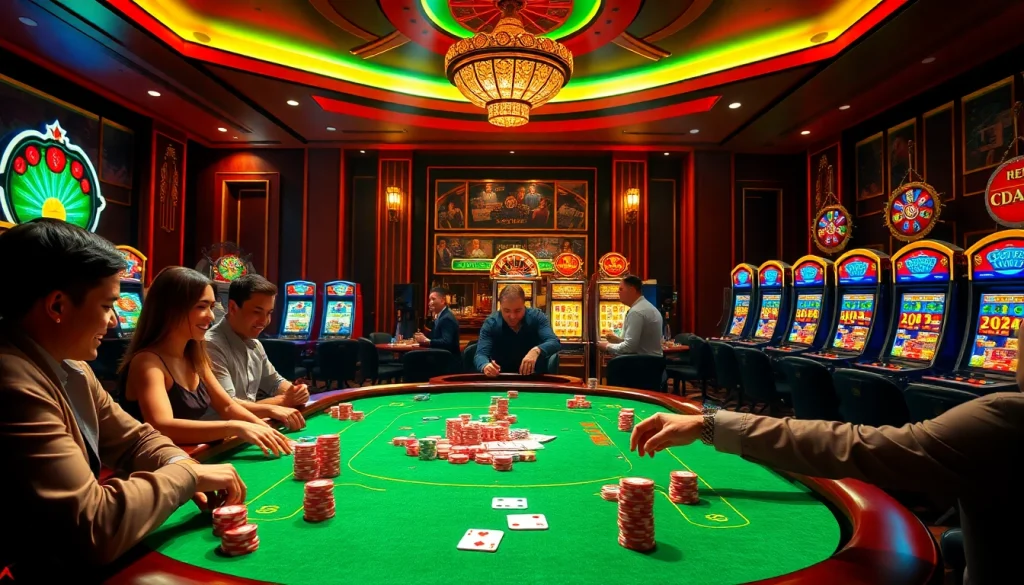 Engage with mega888 apk in a lively casino scene featuring poker tables and vibrant slot machines.