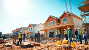 Construction site bustling with workers collaborating on building a new home.