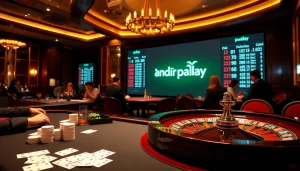 Action-packed scene of gamblers strategizing bandar mix parlay bets at a luxurious casino table.