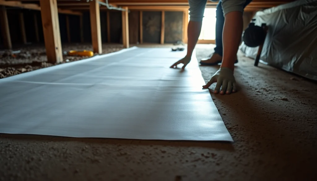 Vapor Barrier Installation process showcased by a technician laying protective barrier in a crawl space.