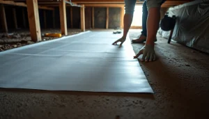 Vapor Barrier Installation process showcased by a technician laying protective barrier in a crawl space.