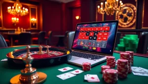 Découvrez l'excitation du casino en ligne argent réel avec une scène de jeu en ligne dynamique comprenant des jetons de poker et une roulette.