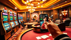 Gagner sur un smartphone dans un casino en ligne argent réel, montrant excitation et luxe.