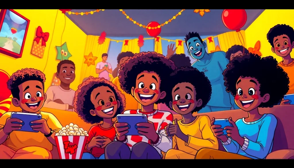 A lively scene celebrating African American Cartoons with beloved characters enjoying a joyful gathering.