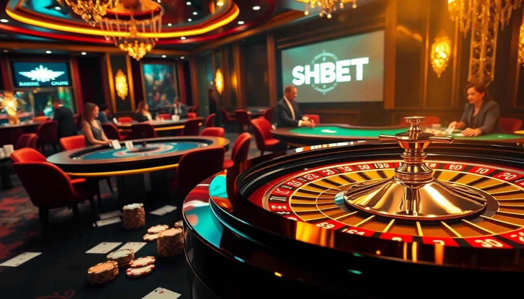 SHBET logo shines amidst dynamic casino scene with roulette, poker chips, and cards.