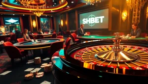 SHBET logo shines amidst dynamic casino scene with roulette, poker chips, and cards.