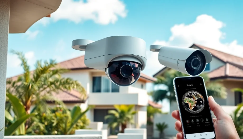 Cámaras de seguridad en Liberia presentadas en un entorno residencial moderno, destacando la seguridad y la tecnología.