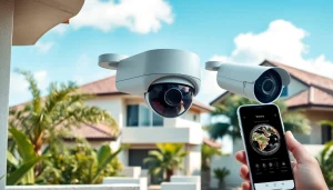 Cámaras de seguridad en Liberia presentadas en un entorno residencial moderno, destacando la seguridad y la tecnología.