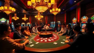 Vivez l'adrénaline du casino en ligne argent réel à une table de poker luxueuse avec des éléments de jeu vibrants.