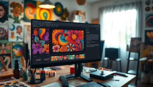 Image to prompt generator showcasing an AI tool analyzing colorful artwork on a computer screen.