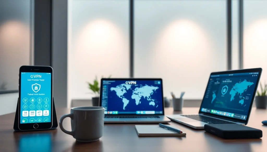 现代工作区的多设备上显示的快连VPN应用，展示用户友好界面与连接性。