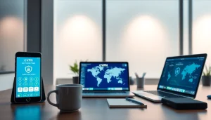 现代工作区的多设备上显示的快连VPN应用，展示用户友好界面与连接性。