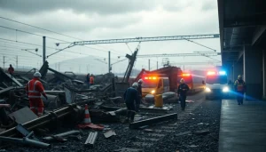 Spain train crash scene with emergency responders addressing the aftermath and wreckage.