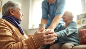 Find in home care near me featuring a caregiver supporting an elderly individual in a warm home environment.