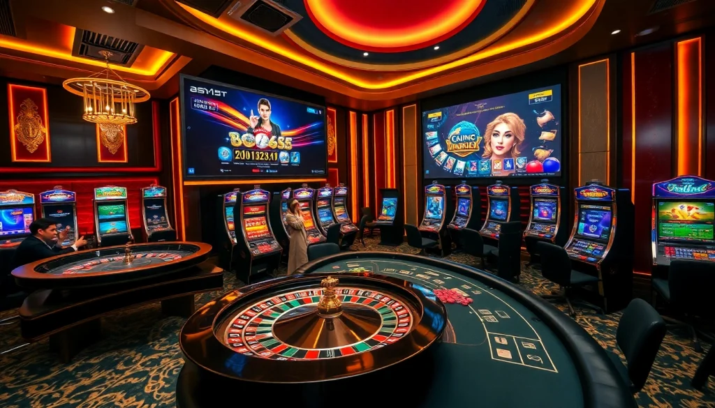 L'atmosphère vibrante d'un casino en ligne France avec des joueurs engagés aux tables et aux machines à sous.
