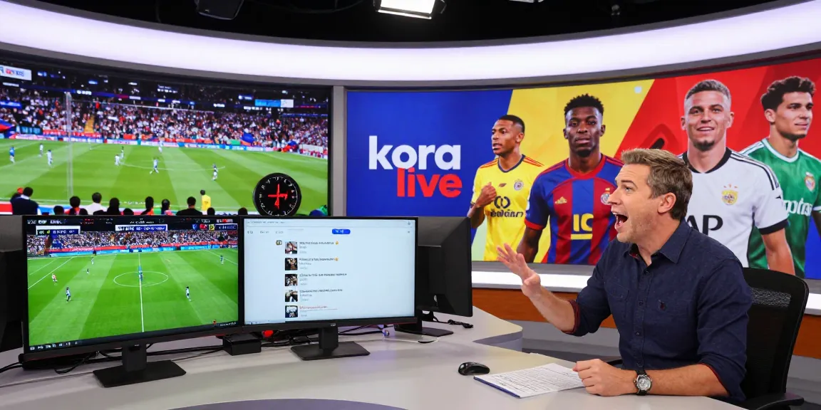 Exciting kora live sports broadcast studio with commentator showcasing live football match statistics.