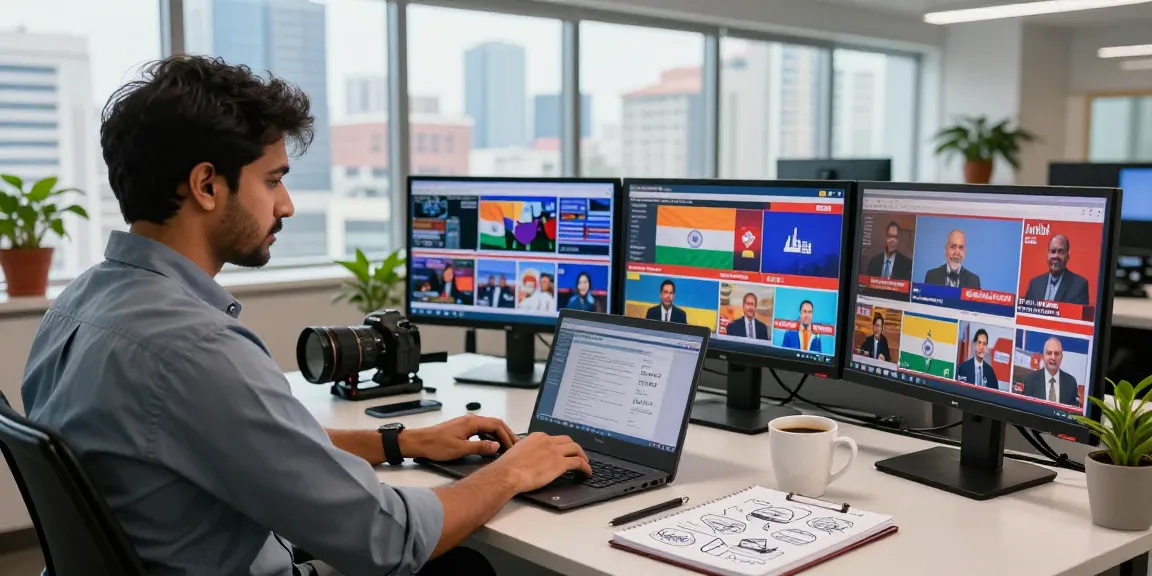 Dynamic newsroom scene as journalist engages with live news updates from https://www.theindaily.com, showcasing a vibrant city backdrop.